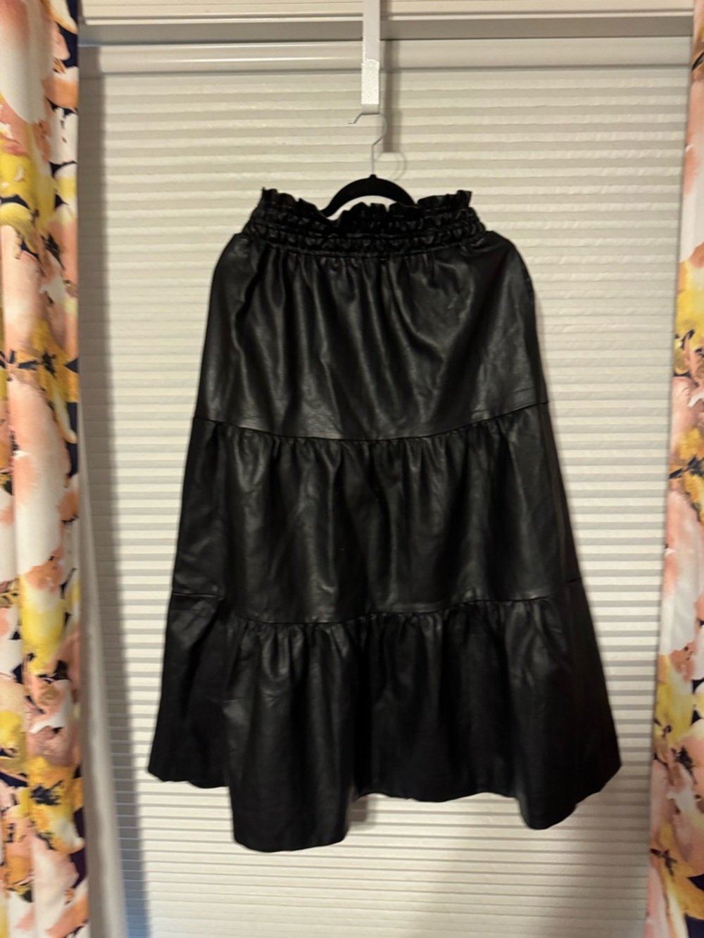 Anthropologie Somerset Black Faux Leather Tiered Midi Skirt